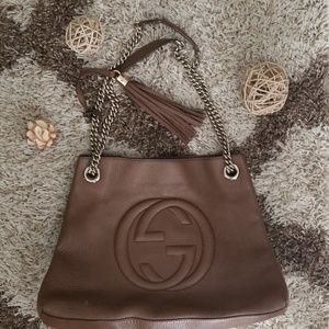 GUCCI Soho Leather Chain Strap Tote Brown